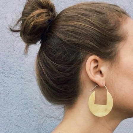 Large Brass Disc Hoops W/Geometric Cut Out