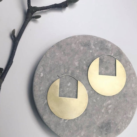 Large Brass Disc Hoops W/Geometric Cut Out