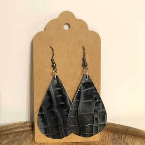 Leather Teardrop Earrings, Black Alligator Skin Print