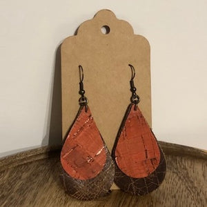 Leather Teardrop Earrings, Coral and Brown