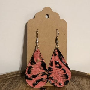 Leather Teardrop Earrings, Pink Embossed