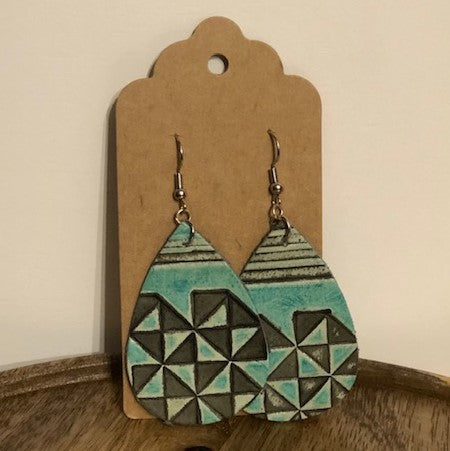 Leather Teardrop Earrings, Teal and Grey Design#1