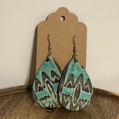 Leather Teardrop Earrings, Teal and Grey Design #2