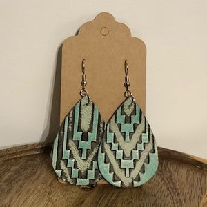 Leather Teardrop Earrings, Teal and Grey Design #3